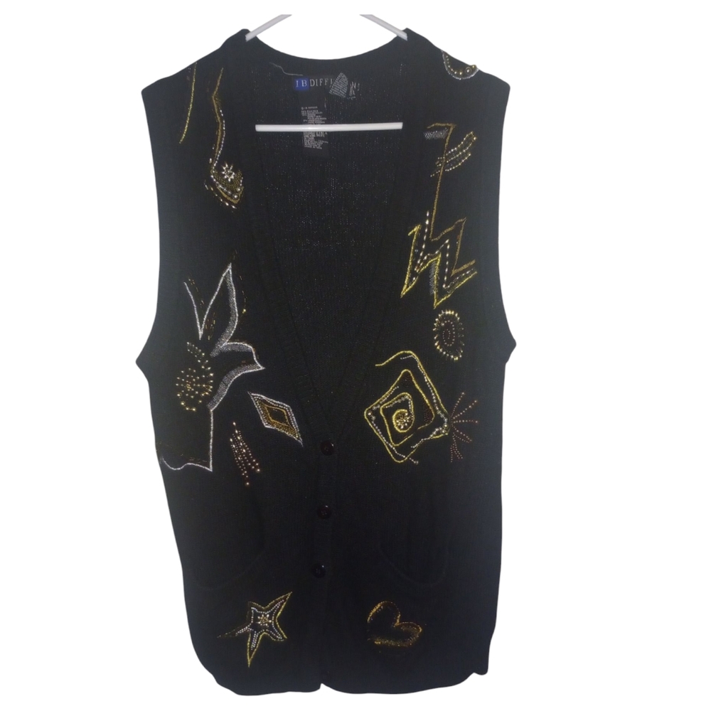 Ib Fission Hong Kong Made Knit In China Black  Vest with Gold Silver Embroidery